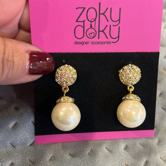 Pave Crystal Top and Iridescent Round Pearl Drop Earrings-boutique - Picture 8 of 11